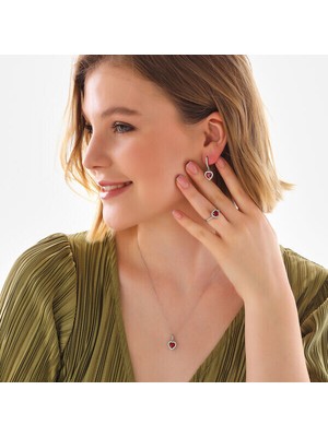 Kırmızı Kalp Model 925 Ayar Gümüş Kadın Set