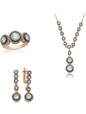 Rose Kaplama Üç Taş 925 Ayar Gümüş Kadın Set