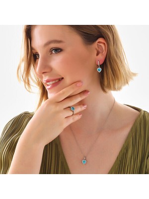 Turkuaz Taşlı Kalpli 925 Ayar Gümüş Kadın Set