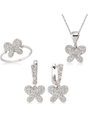 Zirkon Taşlı Kelebek  925 Ayar Gümüş Kadın Set