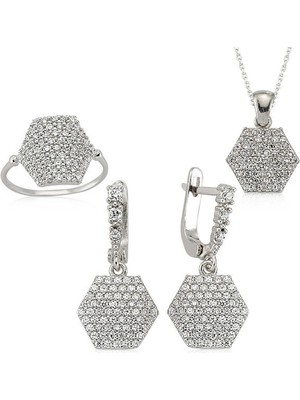 Altıgen Zirkon Taş 925 Ayar Gümüş Kadın Set