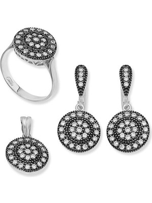 Zirkon Taşlı Elmas 925 Ayar Gümüş Kadın Set