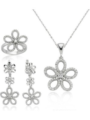 Papatya Set Zirkon Taş 925 Ayar Gümüş Kadın Set