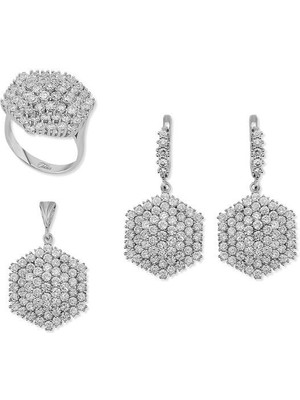 Altıgen Zirkon Taş 925 Ayar Gümüş Kadın Set