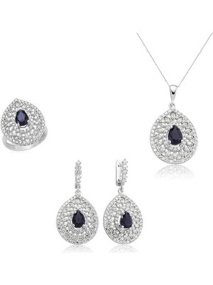 Damla Desenli Zirkon Taş 925 Ayar Gümüş Kadın Set