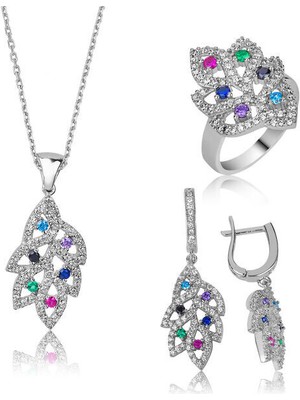 Yaprak Tasarımlızirkon Taşlı 925 Ayar Gümüş Kadın Set