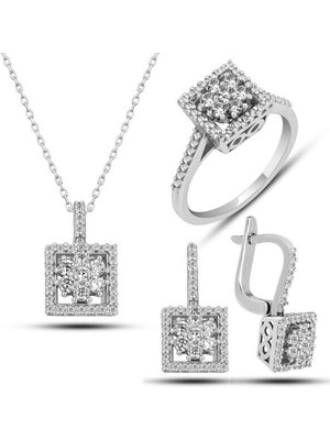 Kare Zirkon Taş 925 Ayar Gümüş Kadın Set