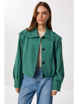 Vatkalı Piliseli Kısa Trençkot LDP0083 Yeşil