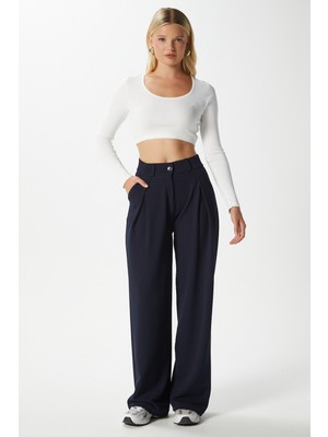 Ritnice Viora Kadın Palazzo Pantolon Yüksek Bel Esnek Lacivert Likra Kumaş Düz Desenli Bol Kesim