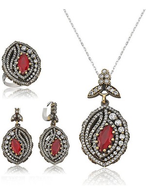 Yakut Taşlı Otantik Yaprak 925 Ayar Gümüş Kadın Set