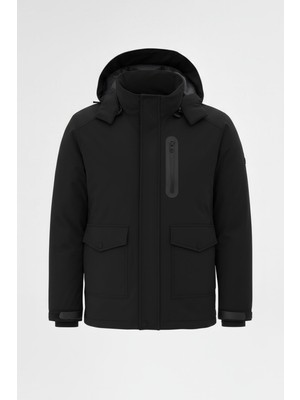 Erkek Siyah Outdoor Su Geçirmez Kapüşonlu Kışlık Kaban – Rüzgar ve Yağmura dayanıklı