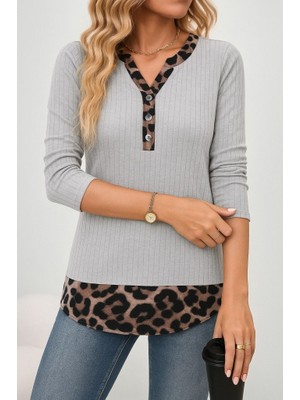 Ahes Shopping Kadın Uzun Kollu Yakadan Düğmeli Leopar Detaylı Kaşkorse Bluz