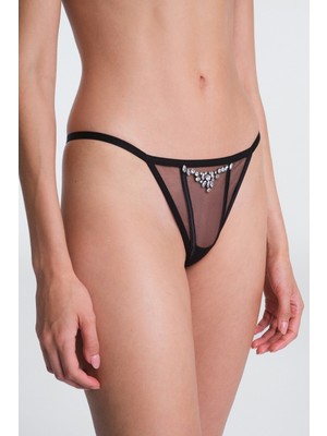 Siyah Tiara Düşük Bel Taşlı String Külot