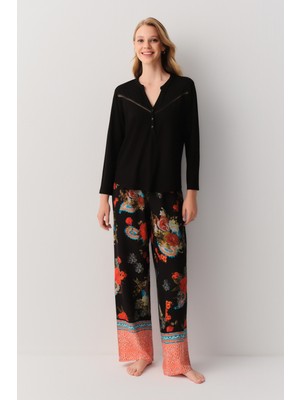 Suwen Liora Kadın Pijama Takımı Siyah Desenli Klasik Yaka Standart Kol Dokuma Kumaş