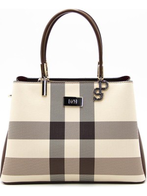 Silver Polo Kadın El Çantası Krem - Taba NV1098