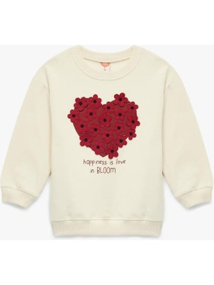 Kız Bebek Şardonlu Uzun Kollu Bisiklet Yaka Kalp Baskılı Çiçek Aplikeli Pamuklu Sweatshirt  (Aw 378)