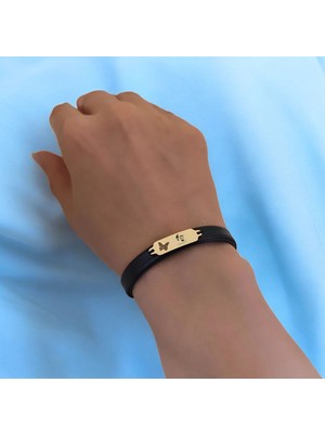 14 Ayar Altın Plakalı Atatürk Temalı Doğal Siyah Derili Kelebek Motifli Hediye BILEKLIK-646SEMBOL