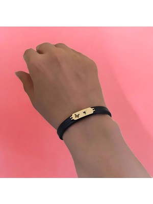 14 Ayar Altın Plakalı Melek Temalı Doğal Siyah Derili Kelebek Motifli Hediye BILEKLIK-646SEMBOL