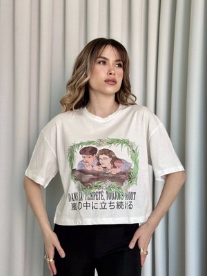 Oversize Beyaz Baskılı Crop Tişört