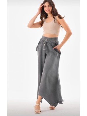 Dokuma Keten Şalvar Pantolon -Bohem -Rahat-Organik KUMAŞ-%100 Pamuklu Gri Beli Lastikli