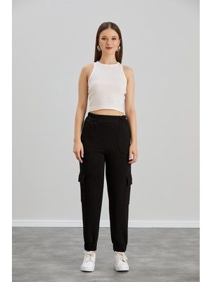 Sortie Collection Kadın Kargo Cepli Eşofman Altı Siyah Esnek Kumaş 4 Mevsim Kullanım İçin