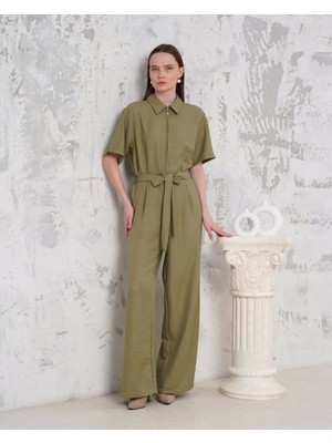 Kuşaklı Gömlek Yaka Salaş Tulum Haki S255822