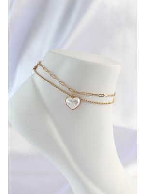 316L Çelik Gold Renk Beyaz Kalpli 2li Halhal  - PRT3500EB01387