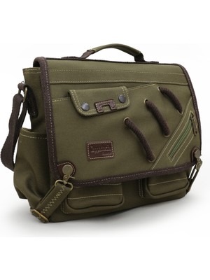 Cappadocia Vintage 4017 Haki 14" Laptop Kanvas Postacı Okul Çantası Unisex Kilitli Çok Cepli Omuz Askılı