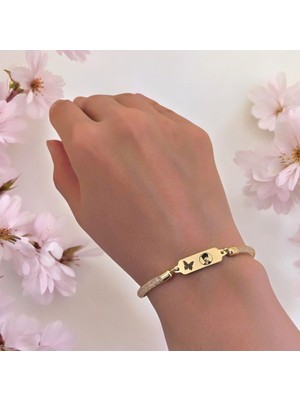 14 Ayar Altın Plakalı Atatürk Temalı Kelebek Motifli Hasır Kordonlu Hediye BILEKLIK-647SEMBOL