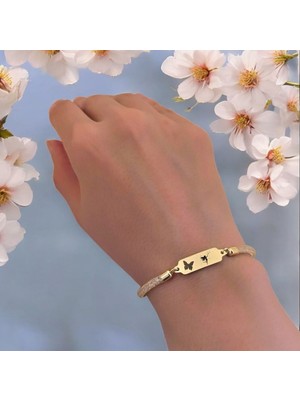 14 Ayar Altın Plakalı Melek Temalı Hasır Kordonlu Kelebek Motifli Hediye BILEKLIK-647SEMBOL