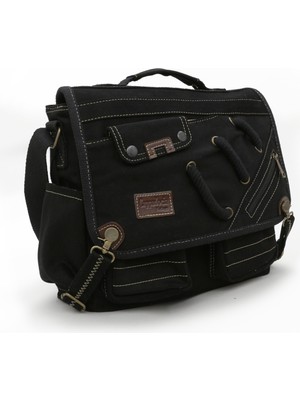 Cappadocia Vintage 4017 Siyah 14" Laptop Pamuk Gabardin Postacı Okul Çantası Unisex Kilitli Çok Cepli Omuz Askılı