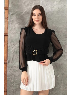 Tokalı Tül Kollu Bluz Siyah T4071