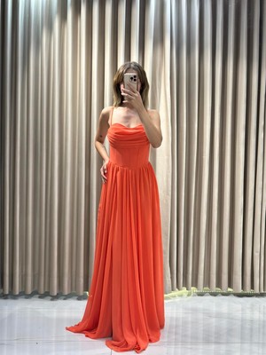 Turuncu Yeni Sezon Şifon Abiye 5621