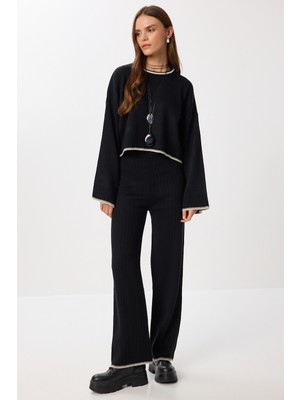 Kontrast Şeritli Kazak Pantolon Takım LİY0003 Siyah