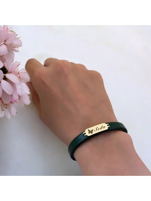 14 Ayar Plakalı Altın Seda Ismine Özel Koyu Yeşil Derili Kelebek Motifli Hediye BILEKLIK-650ISIM