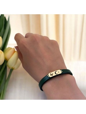 14 Ayar Plakalı Altın Ay Yıldız Temalı Yeşil Derili Kelebek Motifli Hediye BILEKLIK-650SEMBOL