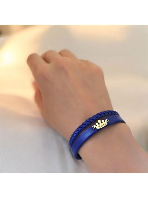 Altın Plakalı 14 Ayar Seda Ismine Özel Doğal Lacivert Derili Taç Figürlü Hediye BILEKLIK-649ISIM