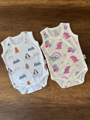 2 Adet Kolsuz Bebek Badi Body Zıbın Alttan Çıtçıtlı Bisiklet Yaka Yenidoğan Penguen ve Dinazor Desen