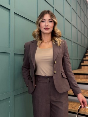 Ayhan Kadın Çizgili, Düğmeli ,blazer Ceket-Pantolon Takımı