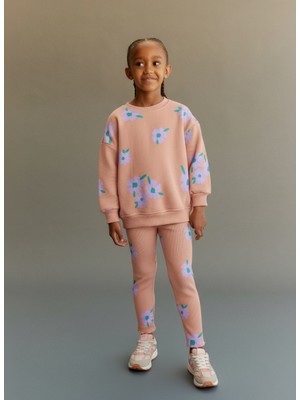 Kız Çocuk Pamuklu Somon Çiçek Desenli Sweatshirt ve Tayt Eşofman Takım
