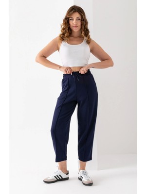 Kadın Lacivert Beli Lastikli Modal Kumaş Çımalı Bilek Pantolon Yumuşak Dokulu Şık Bağcıklı Pantolon