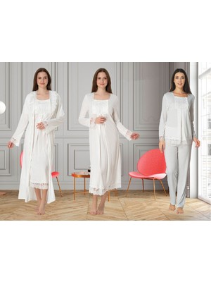 Dvina Effortt Lohusa 4'lü Set - Sabahlık/pijama Takımı/gecelik Ekru - 3046