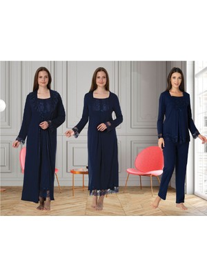 Dvina Effortt Lohusa 4'lü Set - Sabahlık/pijama Takımı/gecelik Lacivert - 3046