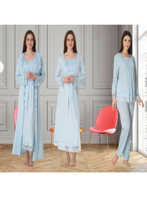 Dvina Effortt Lohusa 4'lü Set - Sabahlık/pijama Takımı/gecelik Mavi - 3046