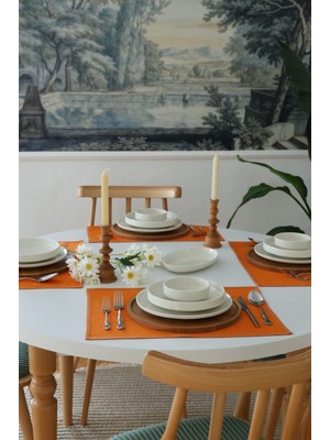 Yakacihome 4'lü Pera Turuncu Biye Detaylı Duck Keten Yıkanabilir, Leke Tutmaz Supla Amerikan Servis Seti