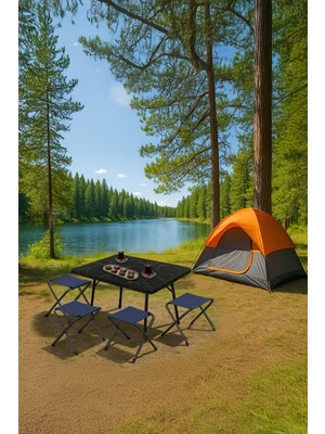Exent 45X60 cm Kamp Sehpası + 4 Adet Lacivert Tabure Piknik, Bahçe Sehpası Katlanır Sehpa-Me-4l