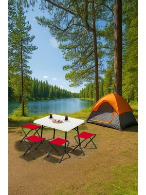 Exent 45X60 cm Kamp Sehpası + 4 Adet Kırmızı Tabure Piknik, Bahçe Balkon Sehpası Katlanır Sehpa-B-4k