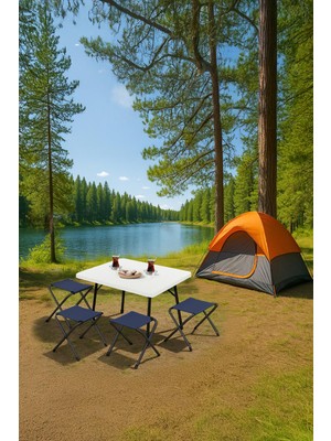 Exent 45X60 cm Kamp Sehpası + 4 Adet Lacivert Tabure Piknik, Bahçe Sehpası Katlanır Sehpa-B-4l