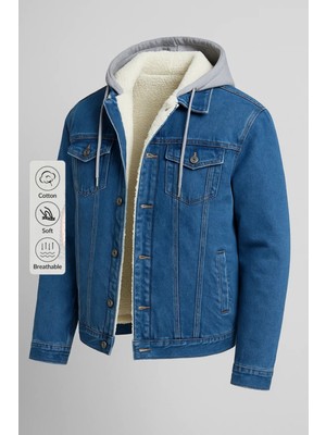 Erkek Kürklü Oversize Mavi Kapşonlu Kot Mont