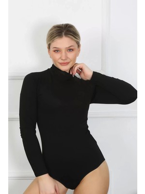 Bayan Uzun Kol Boğazlı Çıtçıtlı Body Siyah